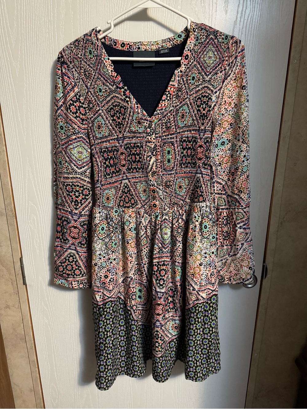 Maeve Multicolor Geometric V-Neck Long Sleeve Dress